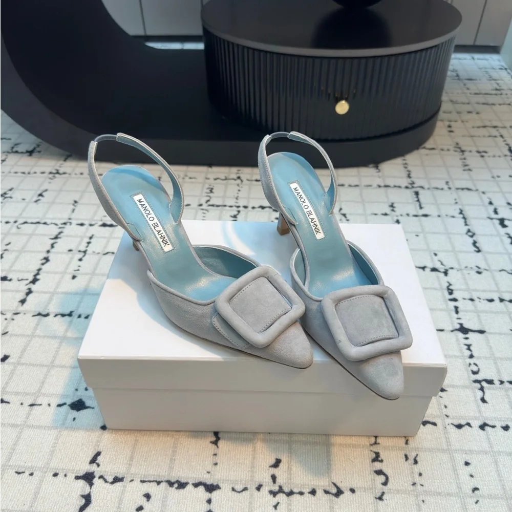 Manolo Blahnik Light Gray Suede Pointed Slingback Pumps with Buckle